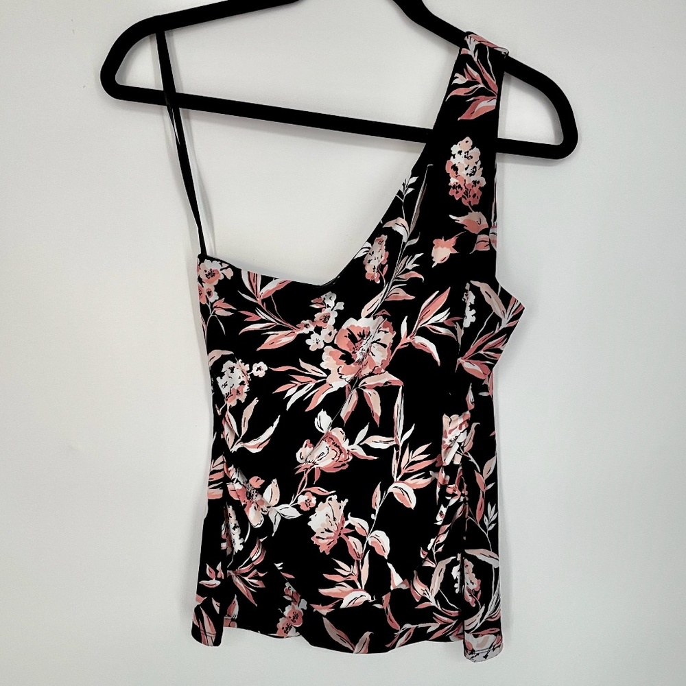 White House Black Market Womens PETITE Small One Shoulder Tank Top Black Pink